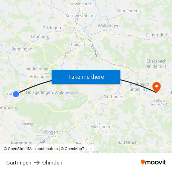 Gärtringen to Ohmden map