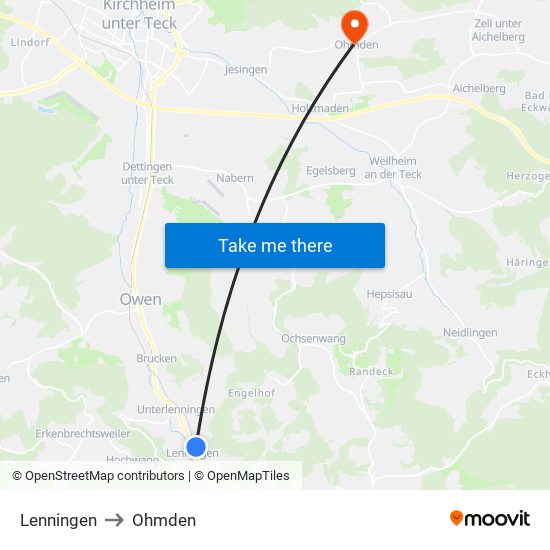 Lenningen to Ohmden map