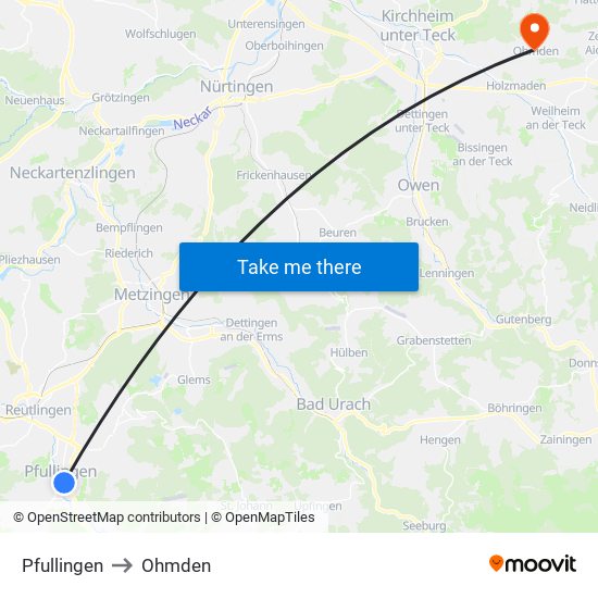 Pfullingen to Ohmden map