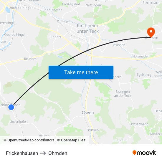Frickenhausen to Ohmden map