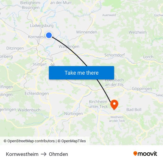 Kornwestheim to Ohmden map