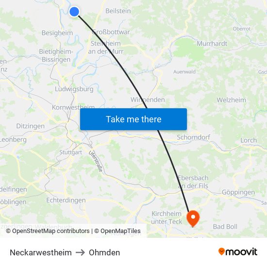 Neckarwestheim to Ohmden map