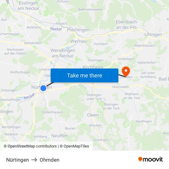 Nürtingen to Ohmden map