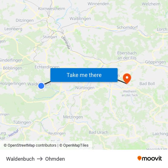 Waldenbuch to Ohmden map