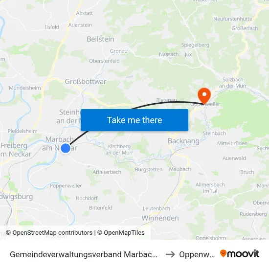 Gemeindeverwaltungsverband Marbach am Neckar to Oppenweiler map