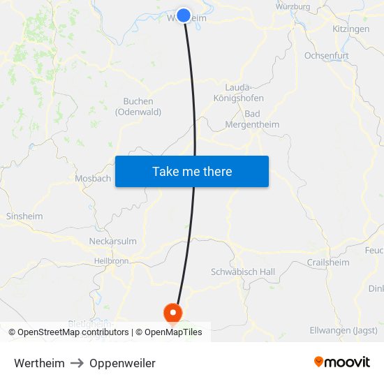 Wertheim to Oppenweiler map