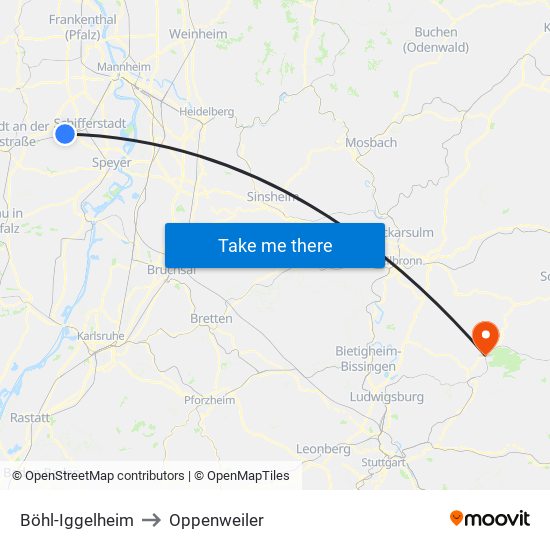 Böhl-Iggelheim to Oppenweiler map