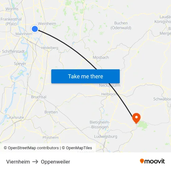 Viernheim to Oppenweiler map