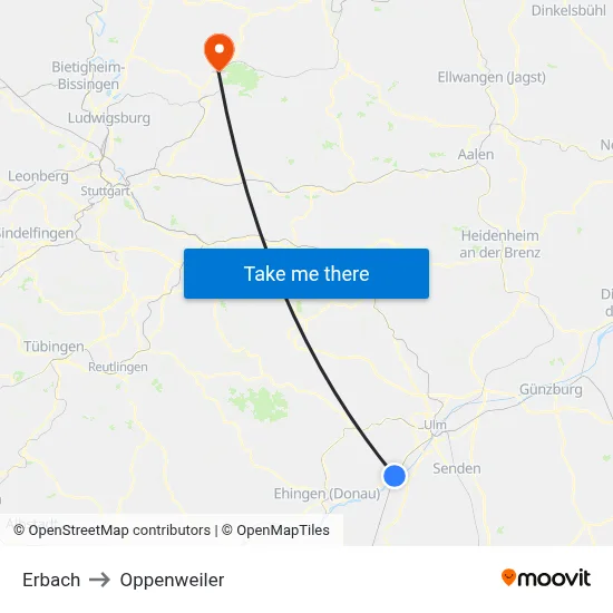 Erbach to Oppenweiler map