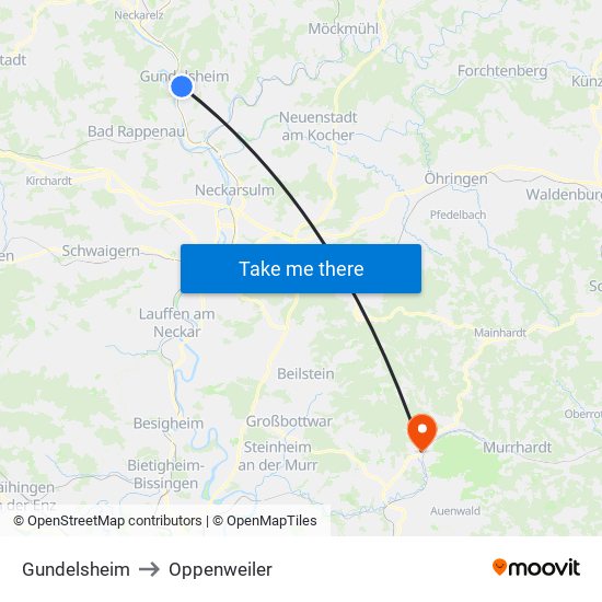 Gundelsheim to Oppenweiler map