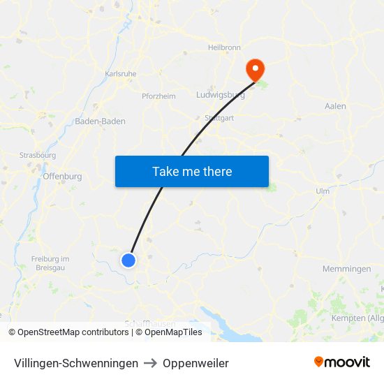 Villingen-Schwenningen to Oppenweiler map