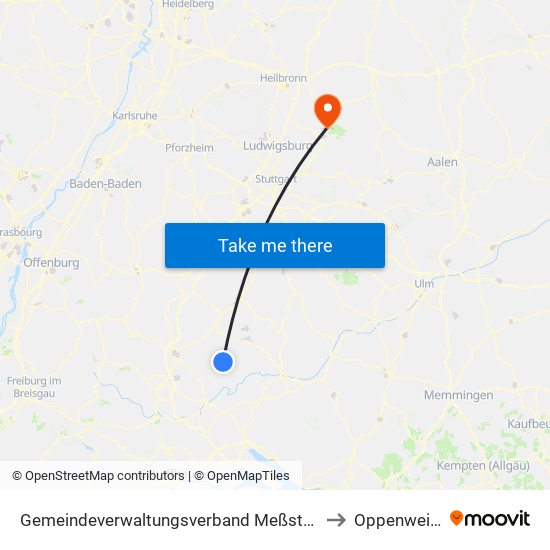 Gemeindeverwaltungsverband Meßstetten to Oppenweiler map