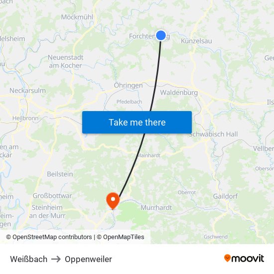 Weißbach to Oppenweiler map