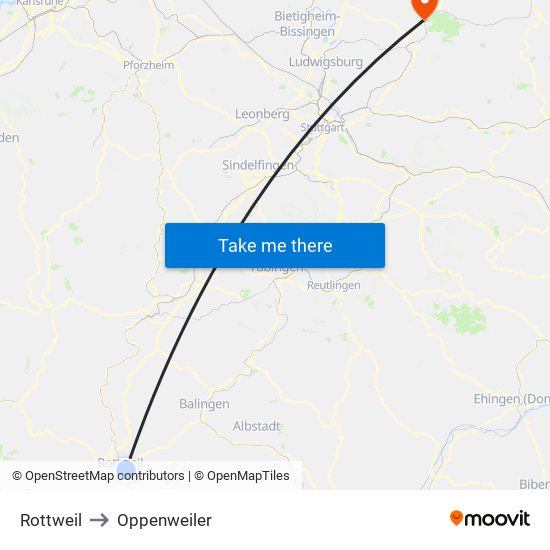 Rottweil to Oppenweiler map