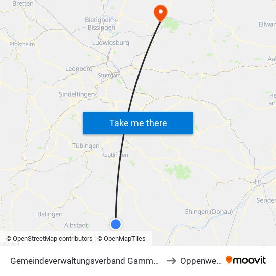 Gemeindeverwaltungsverband Gammertingen to Oppenweiler map