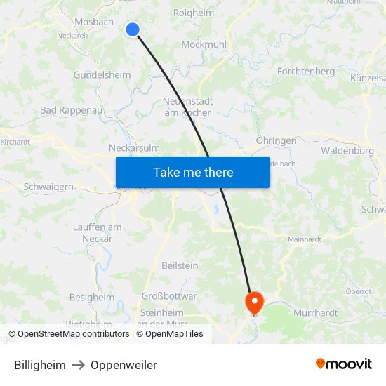 Billigheim to Oppenweiler map