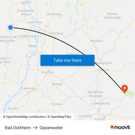 Bad Dürkheim to Oppenweiler map