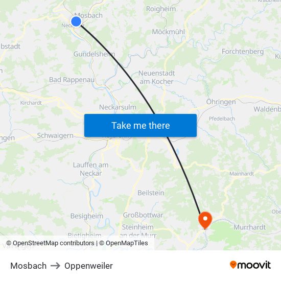 Mosbach to Oppenweiler map