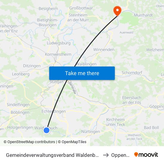 Gemeindeverwaltungsverband Waldenbuch/Steinenbronn to Oppenweiler map
