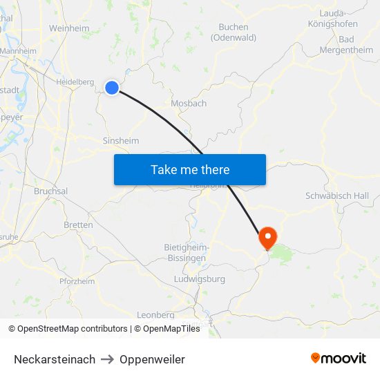 Neckarsteinach to Oppenweiler map