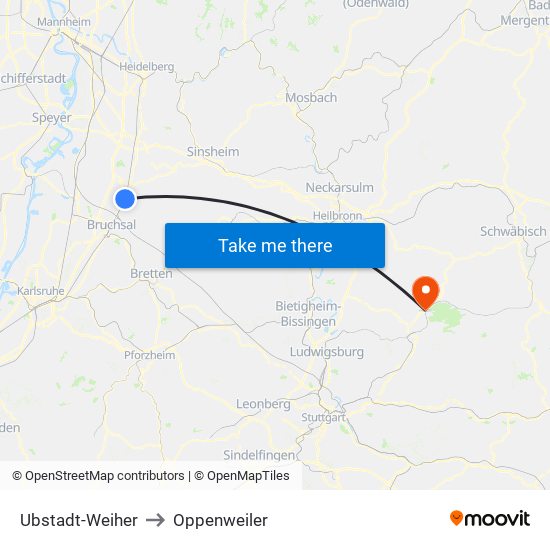 Ubstadt-Weiher to Oppenweiler map