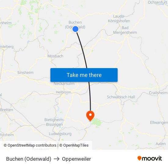 Buchen (Odenwald) to Oppenweiler map