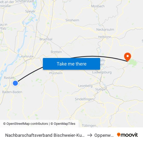 Nachbarschaftsverband Bischweier-Kuppenheim to Oppenweiler map