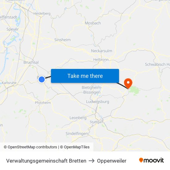 Verwaltungsgemeinschaft Bretten to Oppenweiler map
