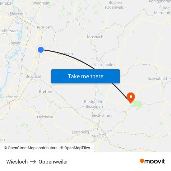 Wiesloch to Oppenweiler map