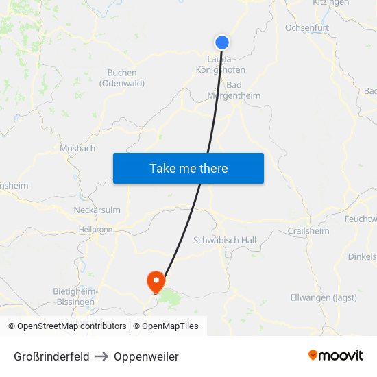 Großrinderfeld to Oppenweiler map