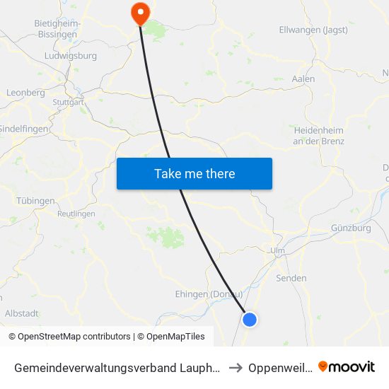 Gemeindeverwaltungsverband Laupheim to Oppenweiler map