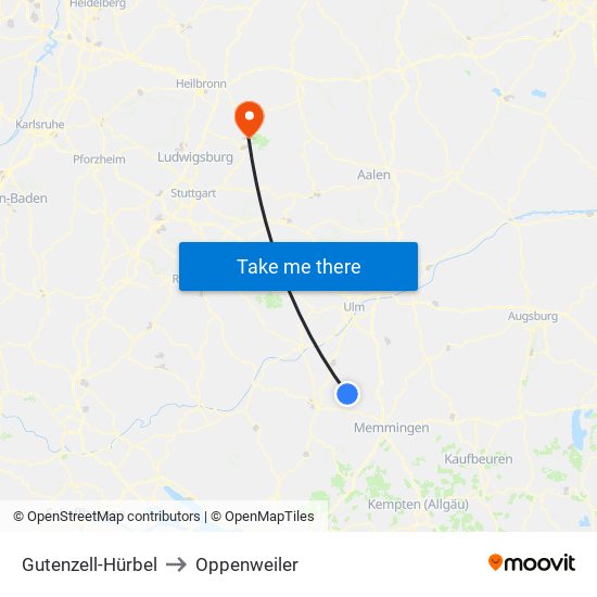 Gutenzell-Hürbel to Oppenweiler map