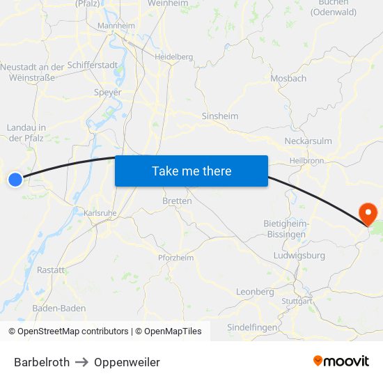 Barbelroth to Oppenweiler map