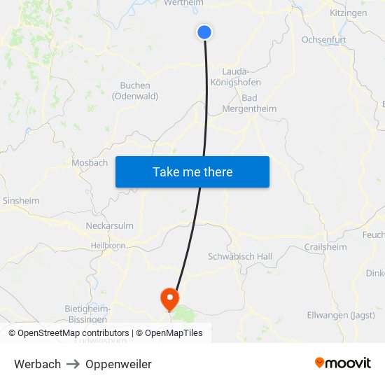 Werbach to Oppenweiler map