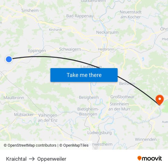 Kraichtal to Oppenweiler map