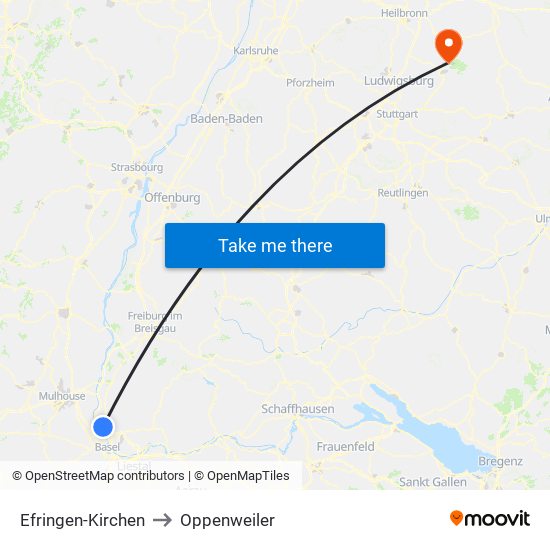 Efringen-Kirchen to Oppenweiler map