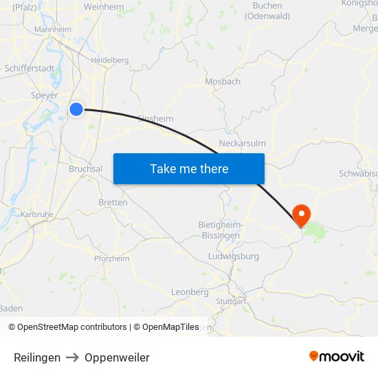 Reilingen to Oppenweiler map