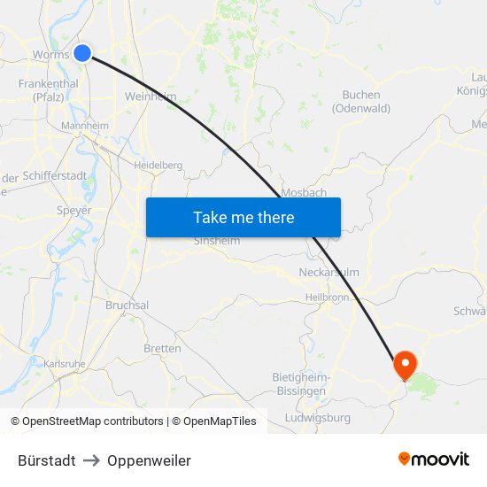 Bürstadt to Oppenweiler map