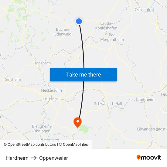 Hardheim to Oppenweiler map