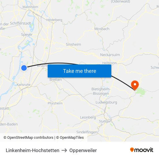 Linkenheim-Hochstetten to Oppenweiler map