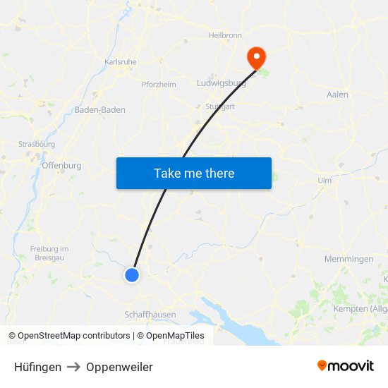 Hüfingen to Oppenweiler map