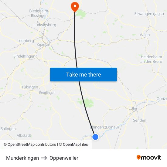 Munderkingen to Oppenweiler map