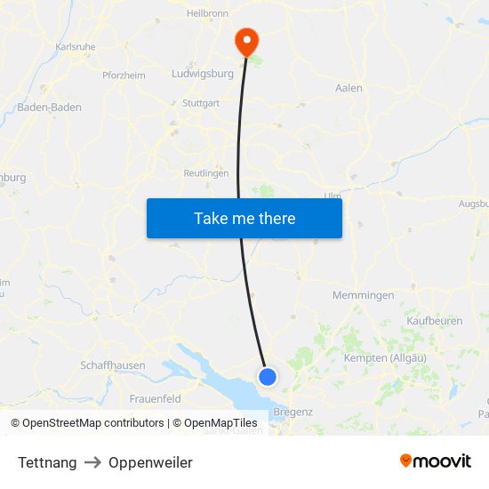 Tettnang to Oppenweiler map