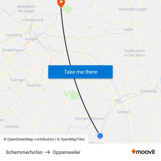 Schemmerhofen to Oppenweiler map