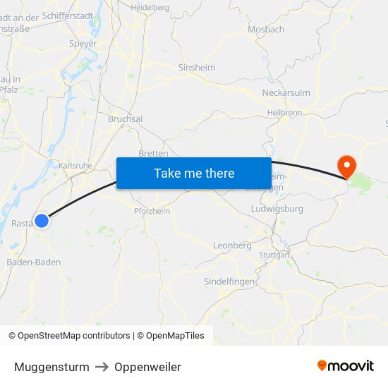 Muggensturm to Oppenweiler map