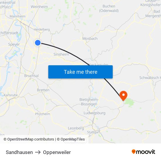 Sandhausen to Oppenweiler map