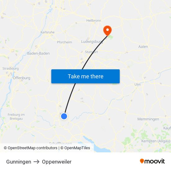 Gunningen to Oppenweiler map