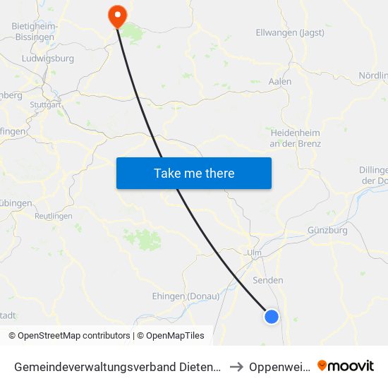 Gemeindeverwaltungsverband Dietenheim to Oppenweiler map