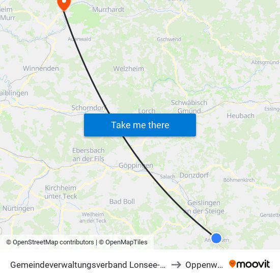 Gemeindeverwaltungsverband Lonsee-Amstetten to Oppenweiler map