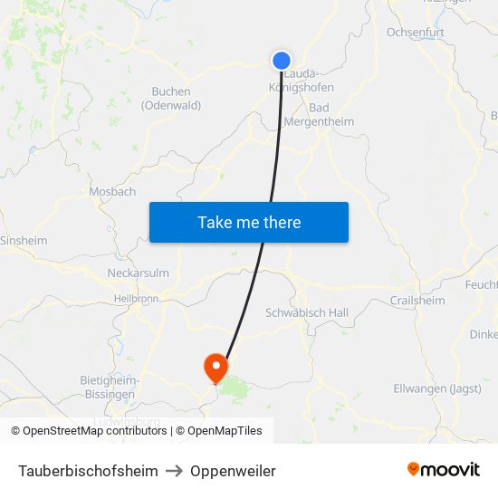 Tauberbischofsheim to Oppenweiler map